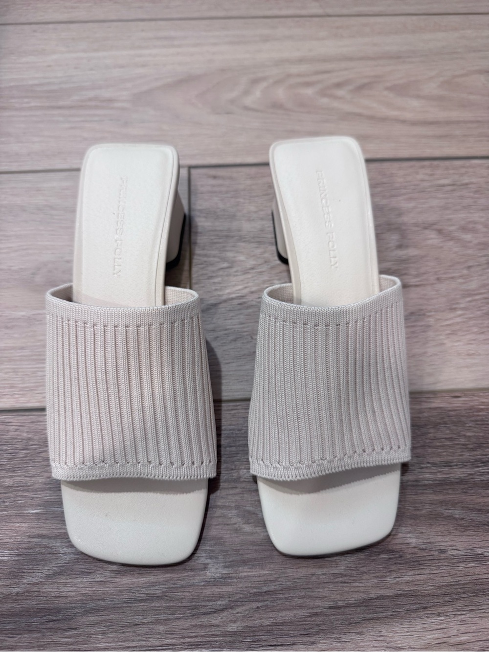 Princess Polly Cream Ribbed Square-Toe Block Heel Mules (Ima Cream Heels)